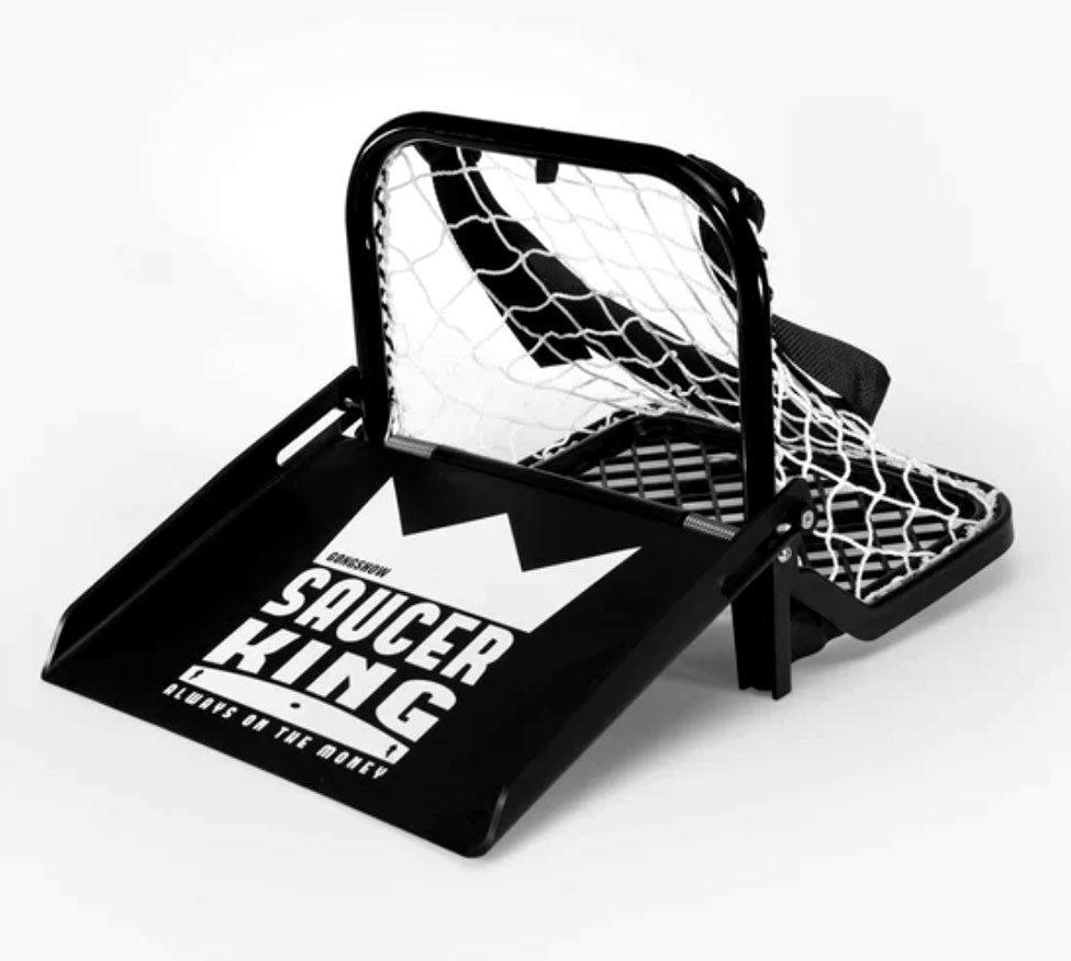 Black and white sports equipment with 'Saucer King' branding on a white background
